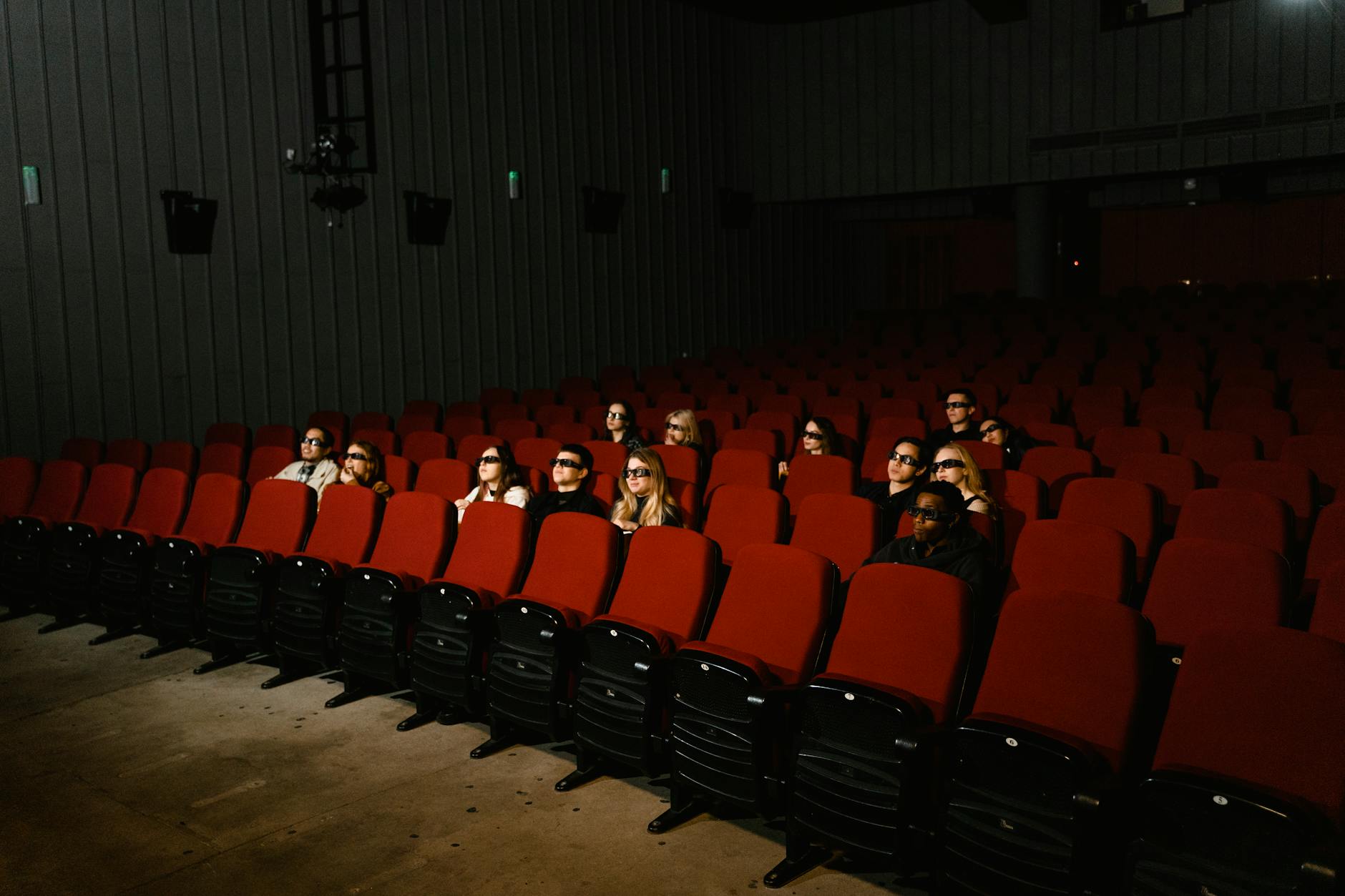 Benvenuti in Campagna — Small group of people wearing 3D glasses watching a movie in a theater with red seats.