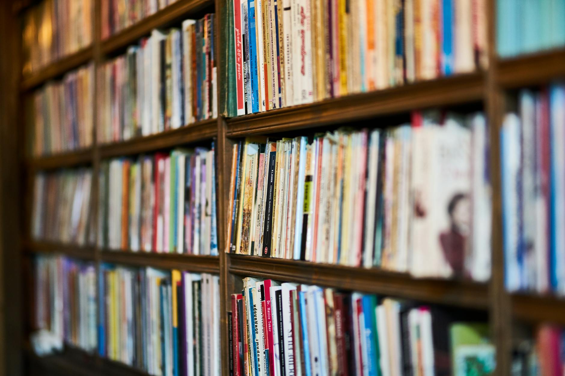 Circolo dei lettori — A detailed close-up view of a bookshelf in a library, showcasing various books.