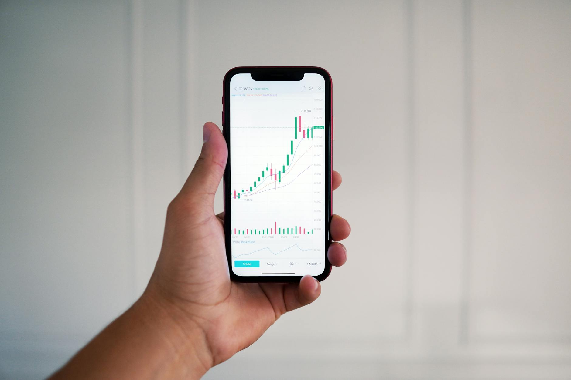 mercati europei — Close-up of a hand holding a smartphone showing a stock market chart indoors.