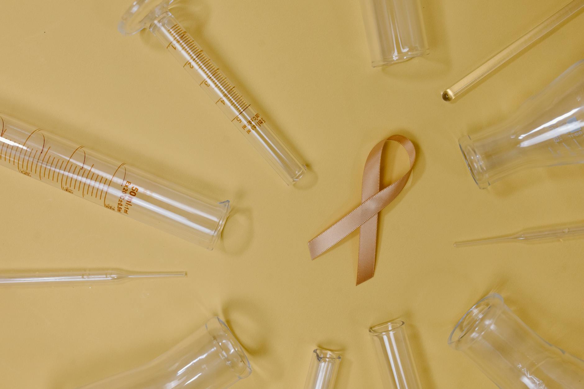 proteina vimentina tumori — Top view of pink ribbon representing cancer placed on yellow background among glass test tubes and flasks in light studio