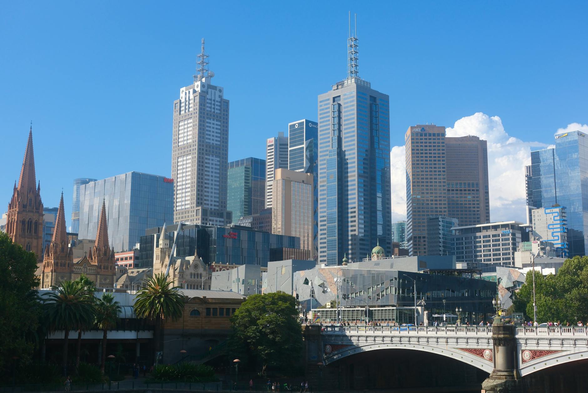 Melbourne guida turistica — Vibrant view of Melbourne's skyline featuring modern skyscrapers and historical architecture.