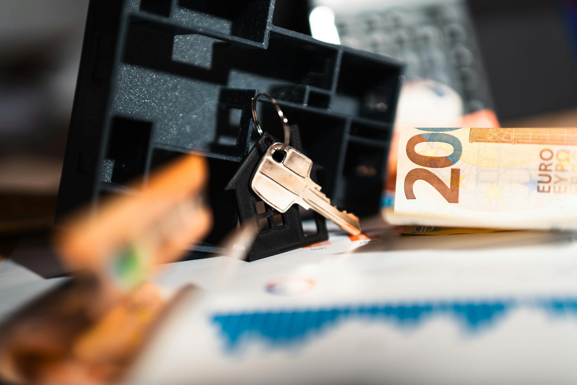 mercato affitti — Keys with a house model, Euro bills, and charts suggesting real estate and financial themes.