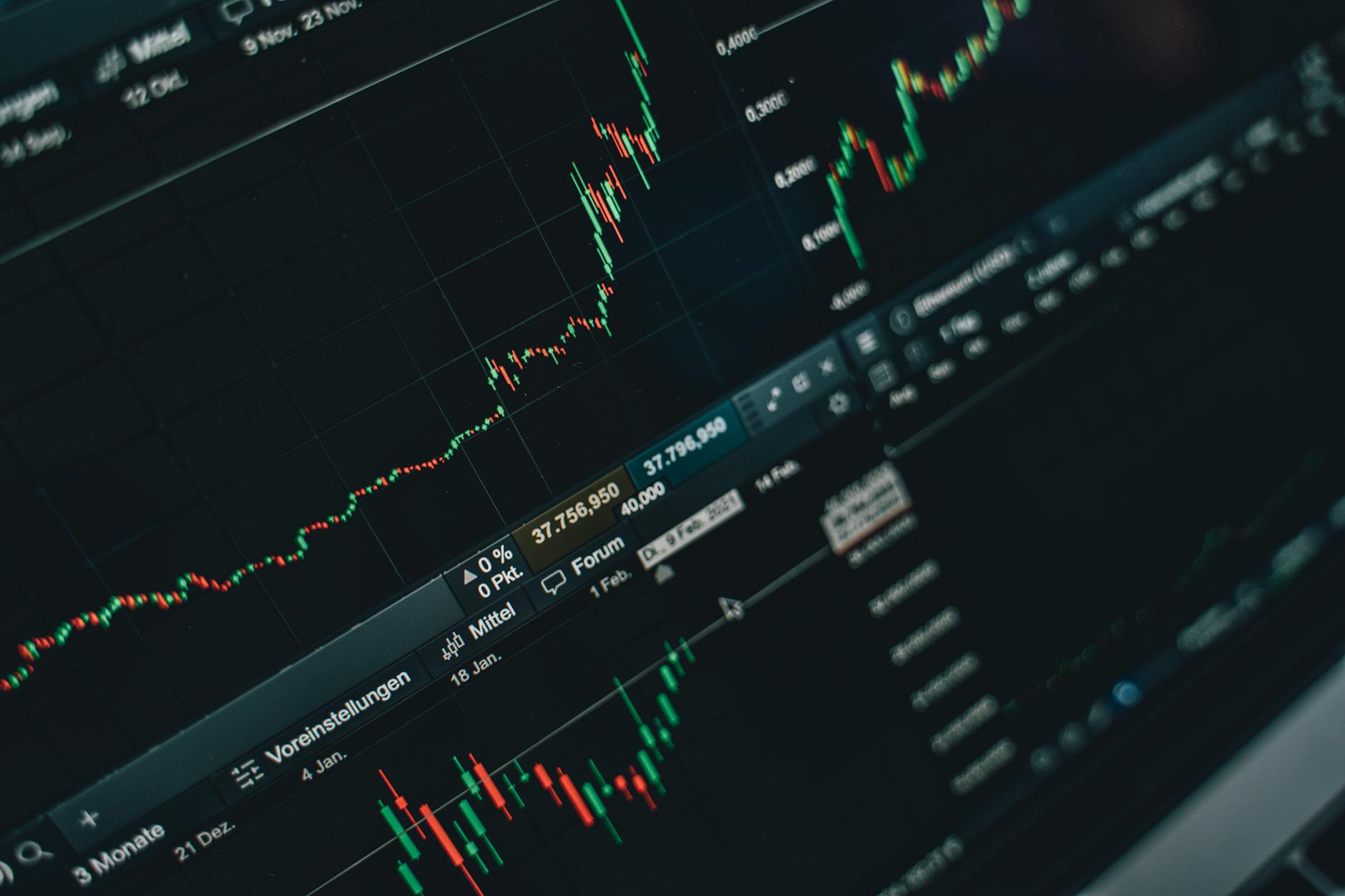 mercato azionario giapponese — Close-up of stock market trading screen displaying financial growth and charts.
