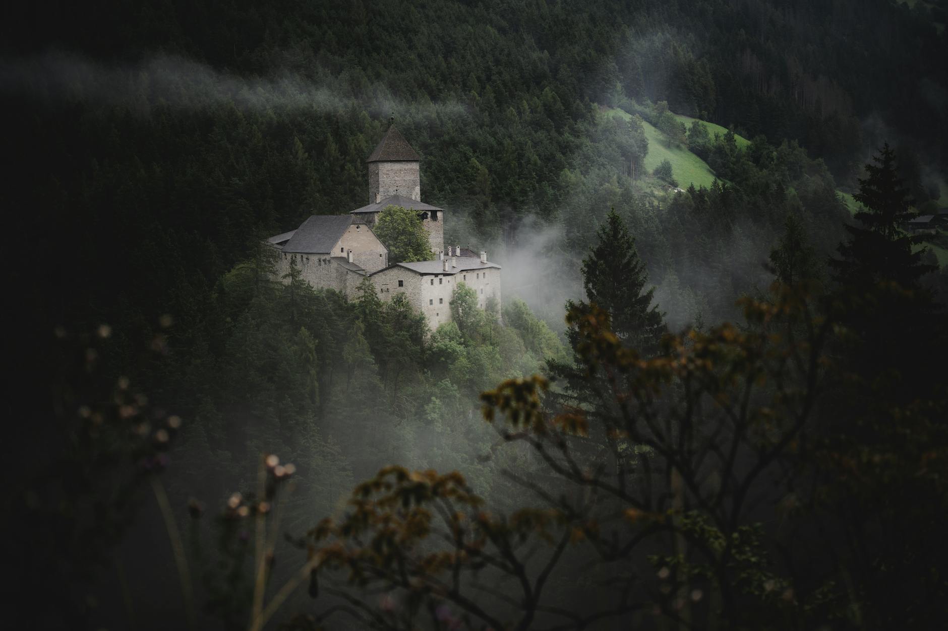The 50 reality Prime Video — Enchanting medieval castle enveloped in misty forest, exuding an eerie, mystical ambiance.