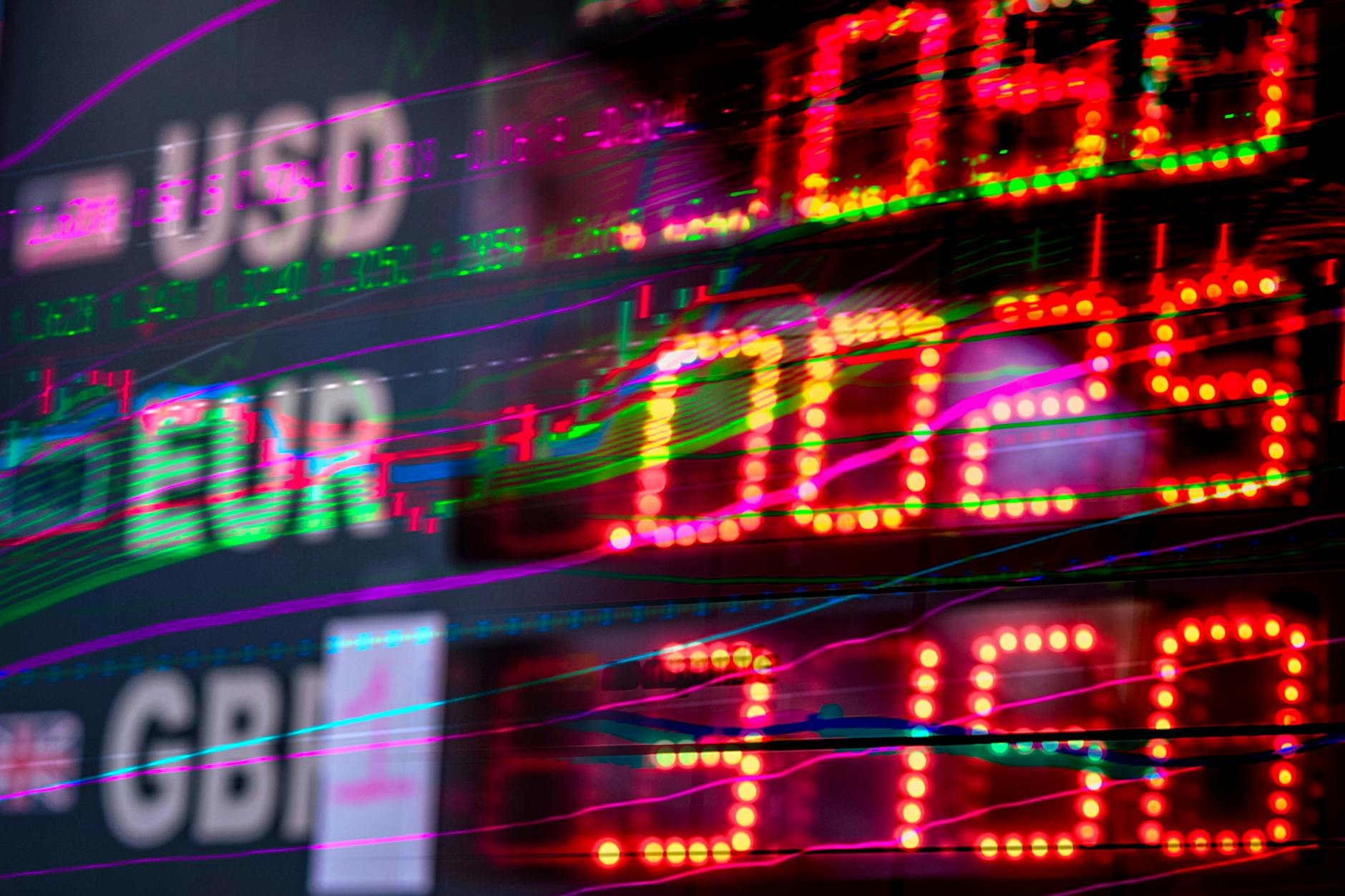 cambio euro dollaro — Vibrant stock market display showing exchange rates for USD, EUR, and GBP. Perfect for finance themes.