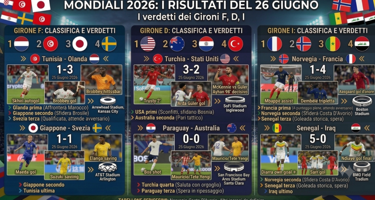 Mondiali 2026: i risultati del 26 giugno. Una superlativa Francia supera la Norvegia