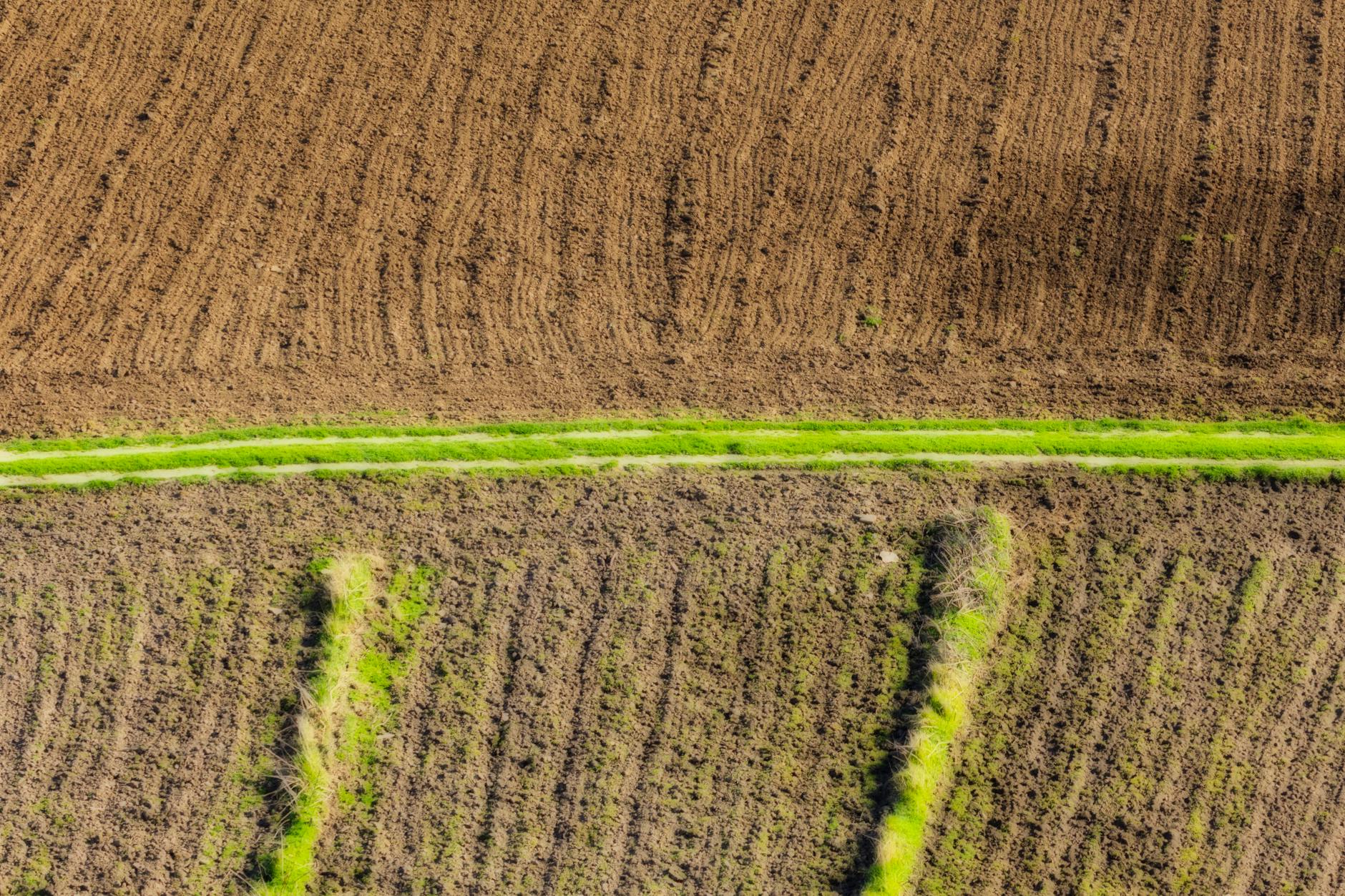 agricoltura biologica — An aerial view showcasing plowed fields with a green pathway running through the middle, symbolizing agriculture.