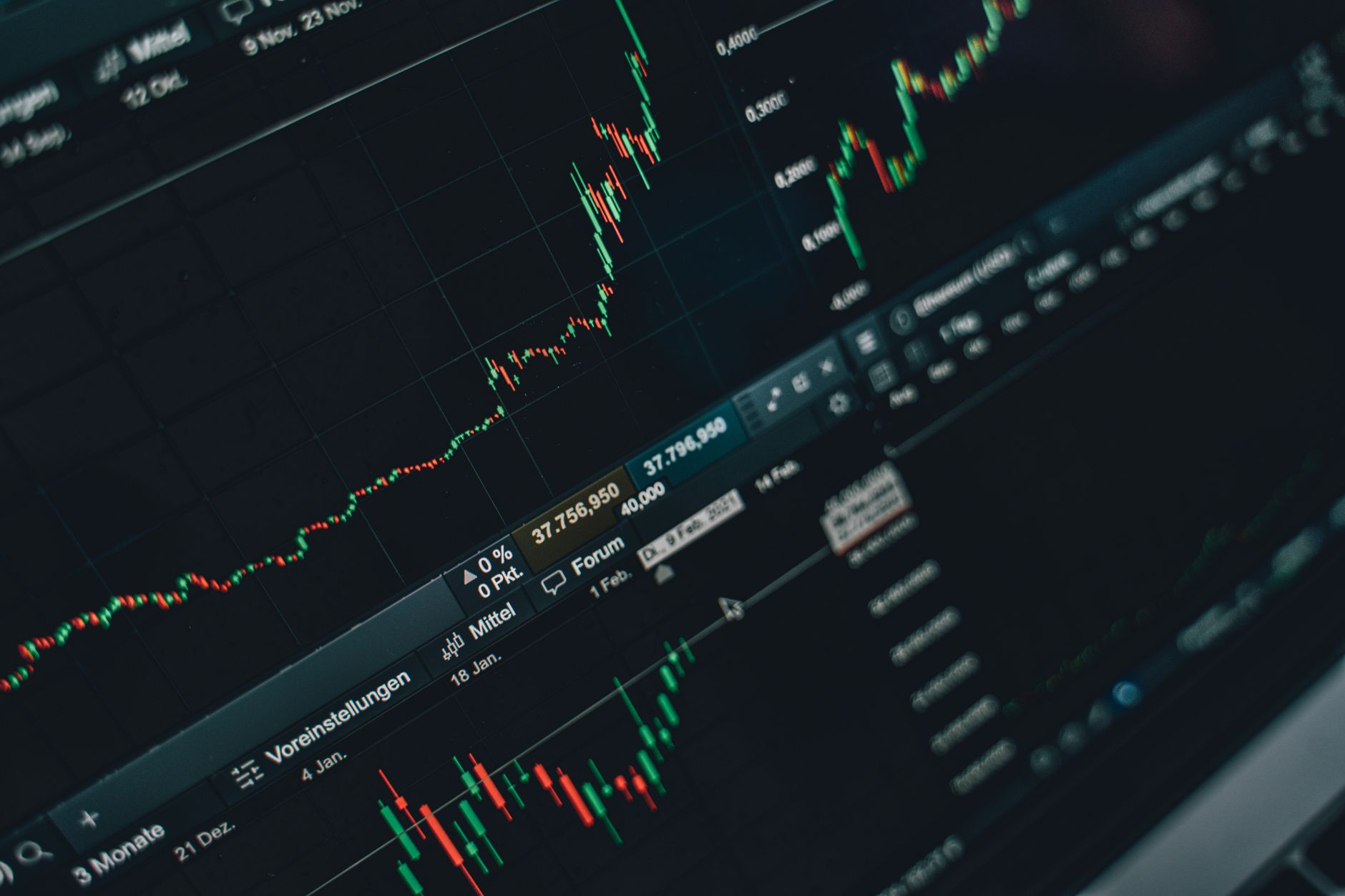 mercati finanziari europei — Close-up of stock market trading screen displaying financial growth and charts.