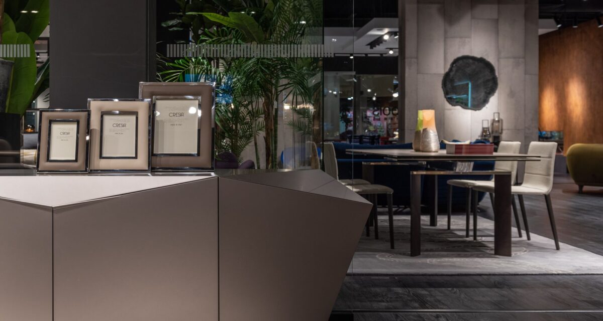 Contemporary cupboard with decorative frames placed near dining table with chairs on rug in spacious stylish furniture store with green plants