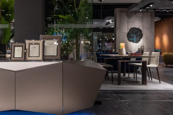 Contemporary cupboard with decorative frames placed near dining table with chairs on rug in spacious stylish furniture store with green plants