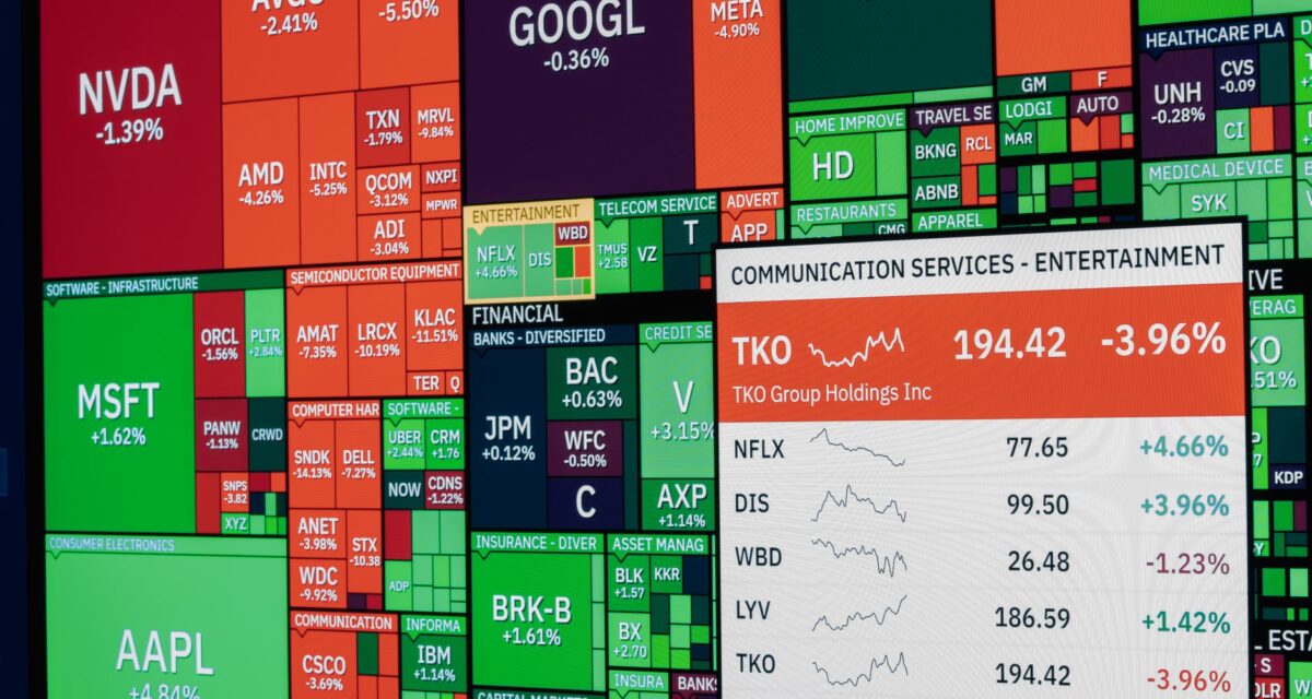 Colorful stock market board displaying various company stock performances and trends.