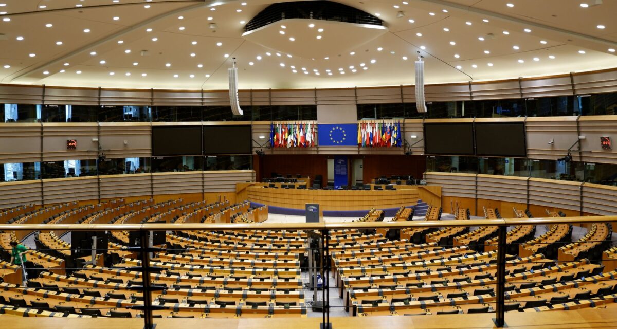 Empty European Parliament auditorium in Brussels, Belgium.